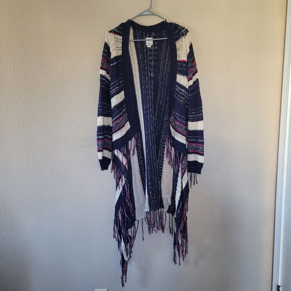 Lucky Brand Cardigan Women L XL Striped Open Front Waterfall Duster Fringed Boho